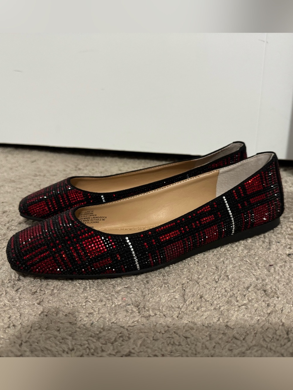 Pretty I.N.C. Size 7 June black red plaid rhinestone slip on ballet flats new